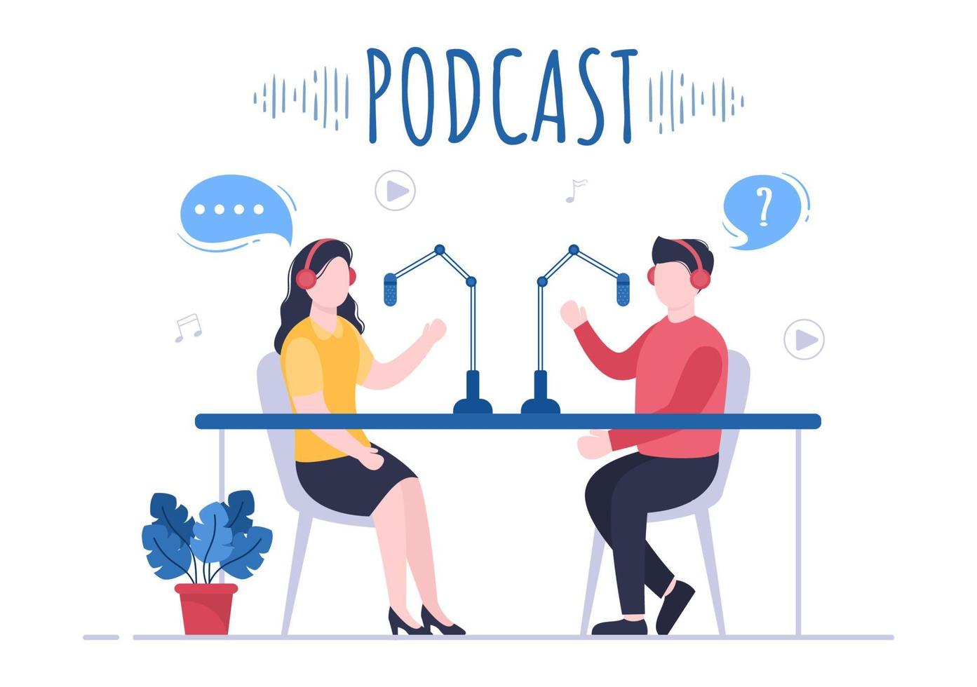 Podcast Background Vector illustration People Using Headset To Record Audio, Host Interviewing Guest or Online Show With Sound Recording Equipment and Microphone Concept
