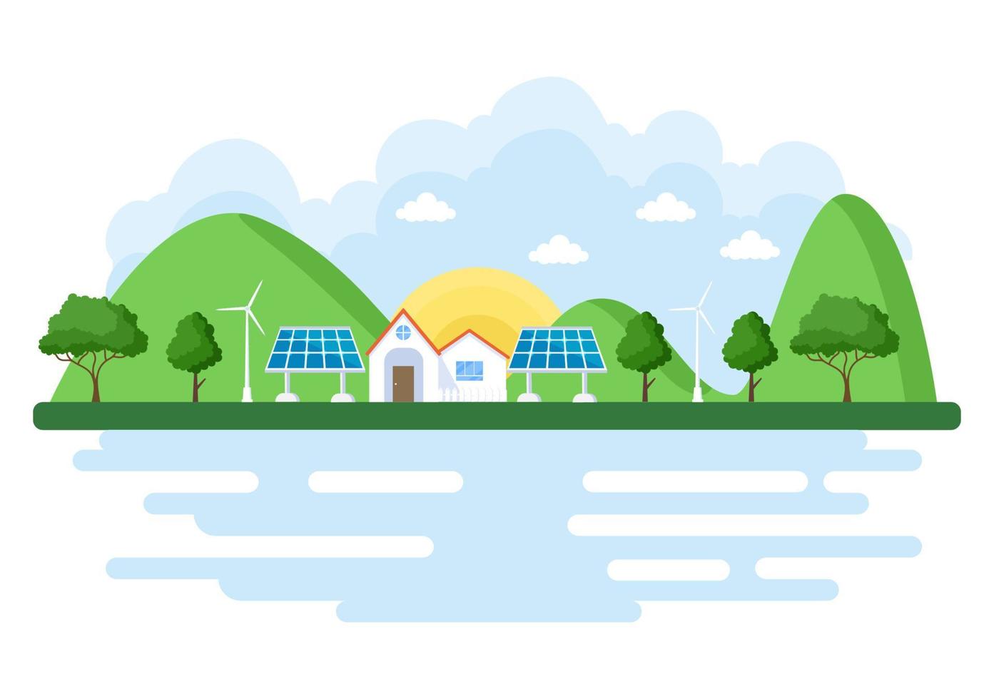 Ecological Sustainable Energy Supply Background Vector Flat Illustration Power Plant Station Buildings With Solar Panels, Gas, Geothermal, Renewable, Water and Wind Turbines