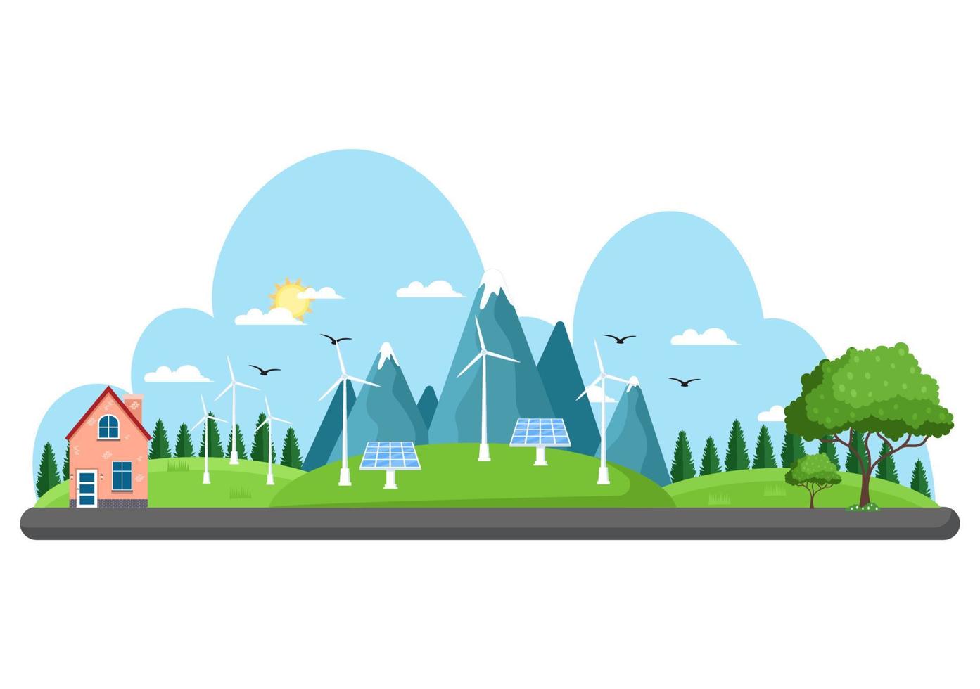 fuente de energía sostenible ecológica fondo vector ilustración plana edificios de la estación de la planta de energía con paneles solares, gas, geotermia, renovables, turbinas de agua y viento