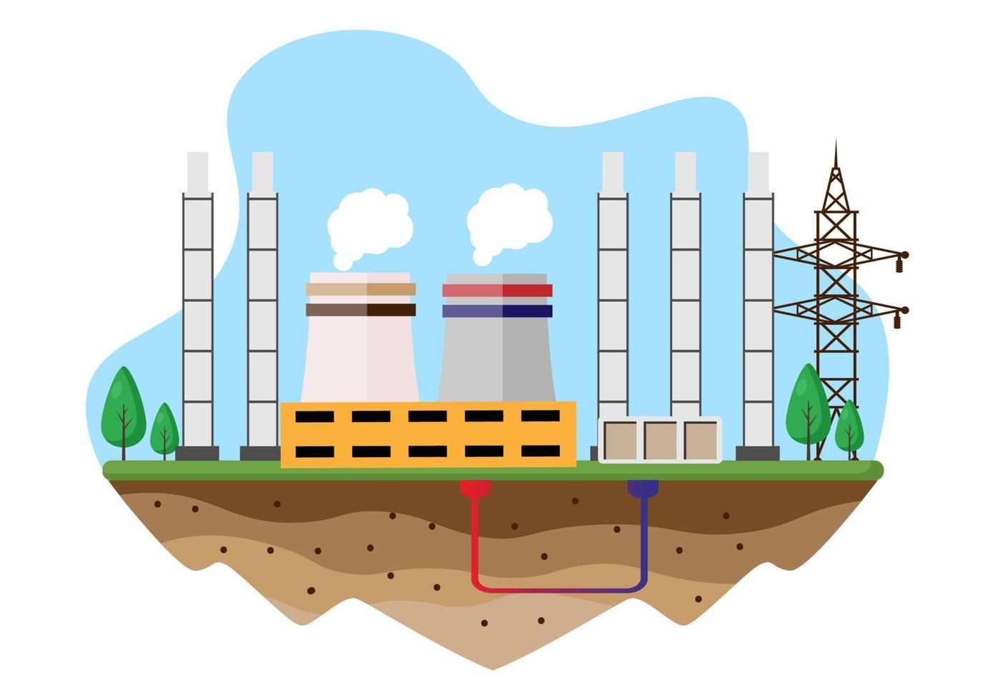 fuente de energía sostenible ecológica fondo vector ilustración plana edificios de la estación de la planta de energía con paneles solares, gas, geotermia, renovables, turbinas de agua y viento