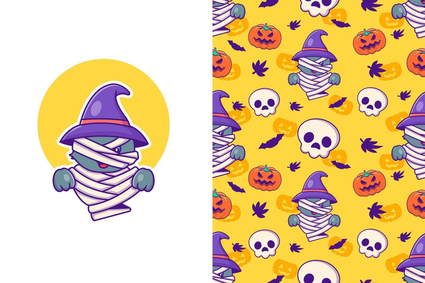 Cute mummy cat and pumpkin happy halloween with seamless pattern vector