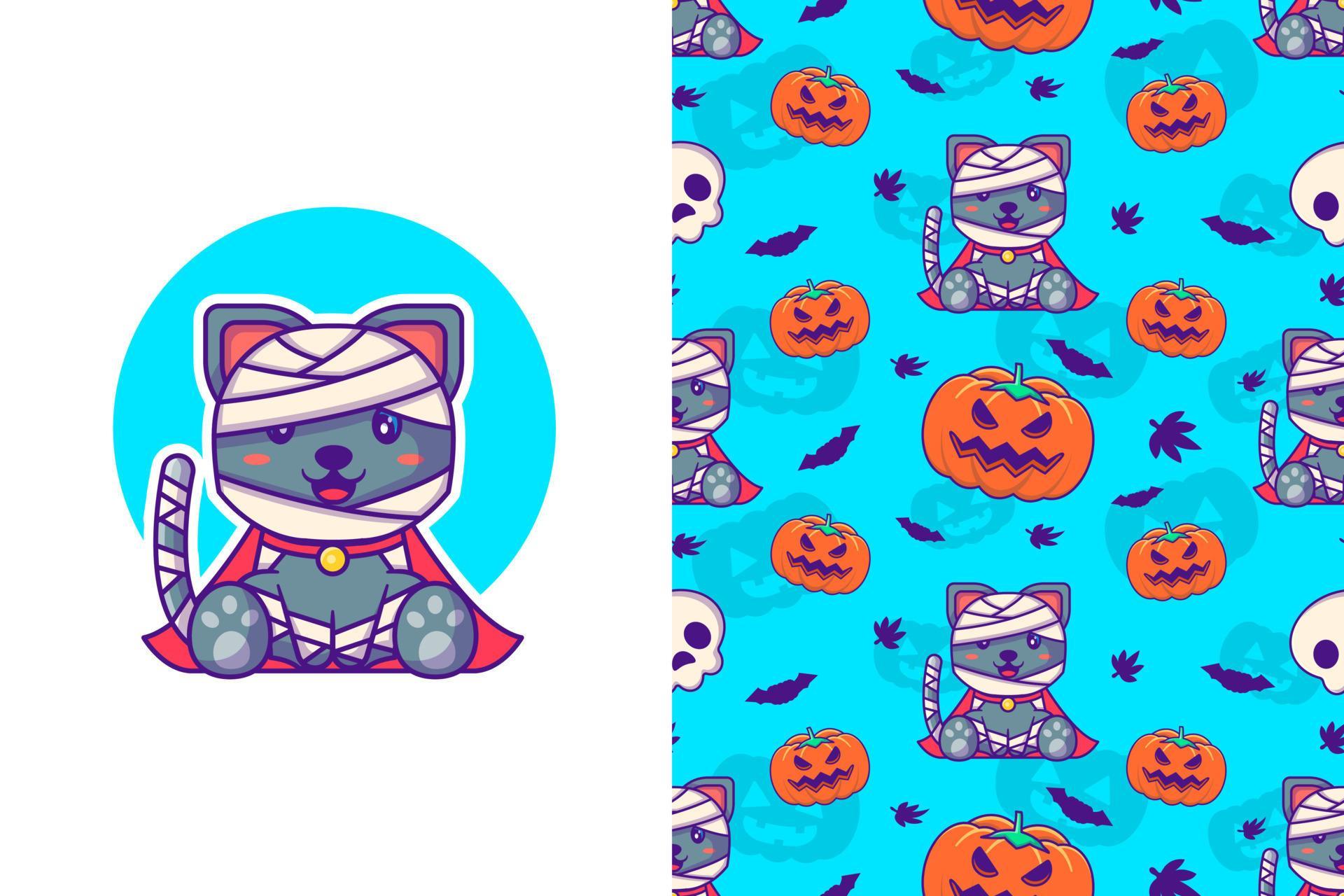 Cute mummy cat and pumpkin happy halloween with seamless pattern