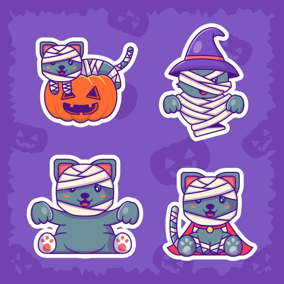 Cute mummy cat happy halloween stickers collection vector