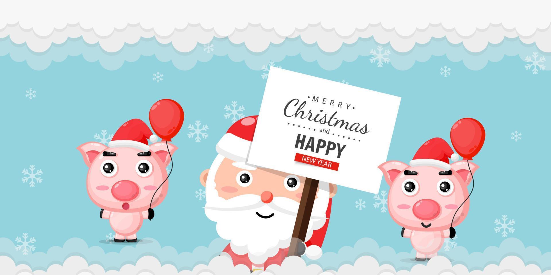 Merry christmas and happy new year greeting card with cute santa claus and pig vector