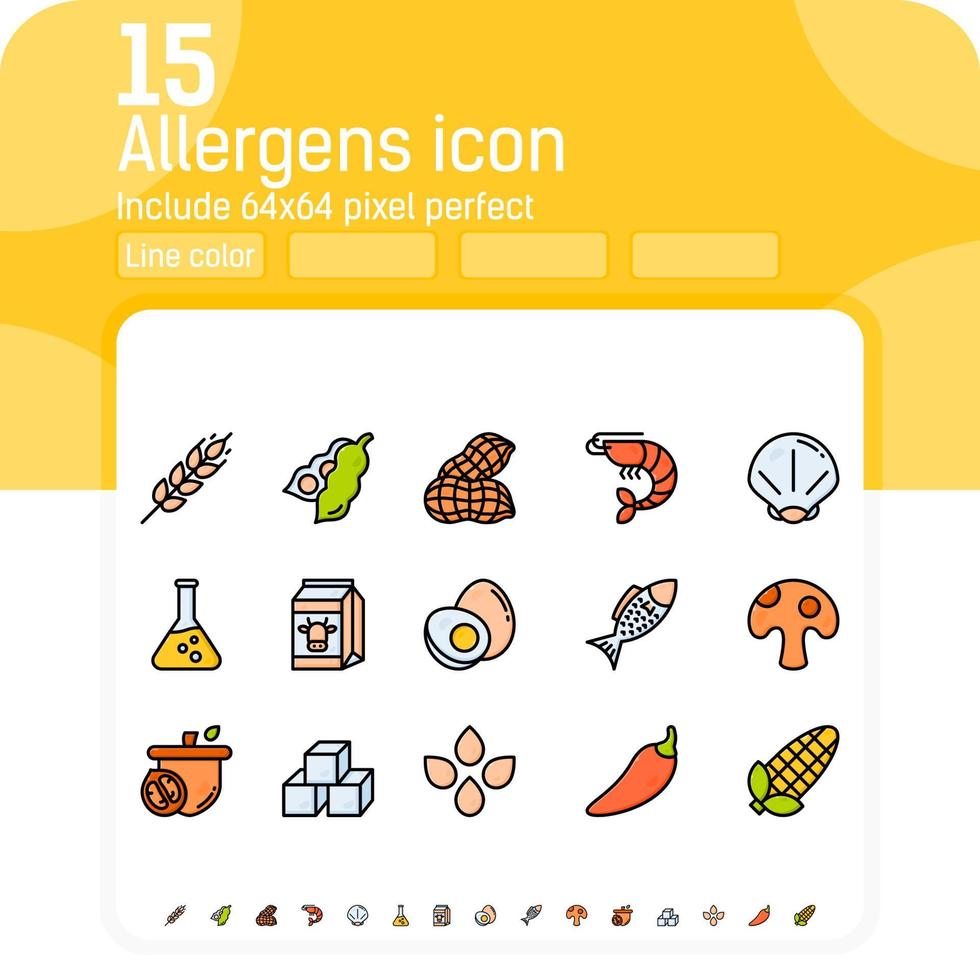 Allergens line color icons vector set. Isolated on white background. Allergens icon with lineal color style. Food allergens symbols emblems signs collection. Allergens and diet outline color icons set