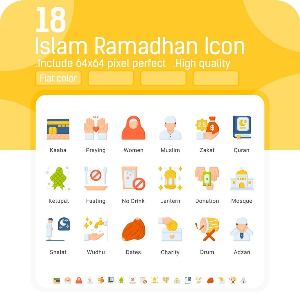 Islam ramadhan flat color icons vector set. Isolated on white background. Ramadhan icon with flat style. Islam ramadhan symbols emblems signs collection. Islam and ramadhan flat color icons set