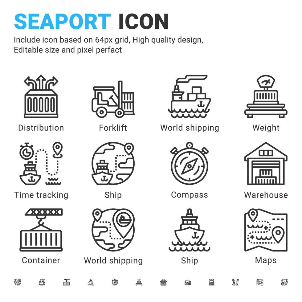 Seaport icon set design outline style isolated on white background. Vector icon marine port, logistic sign symbol concept for shipping industry, freight vessels, Marine port, website, ui and project