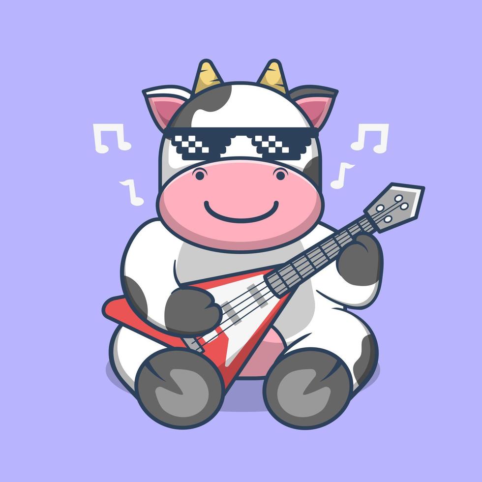 Cute Cow Playing Guitar and Wearing Sunglass cartoon isolated vector. vector