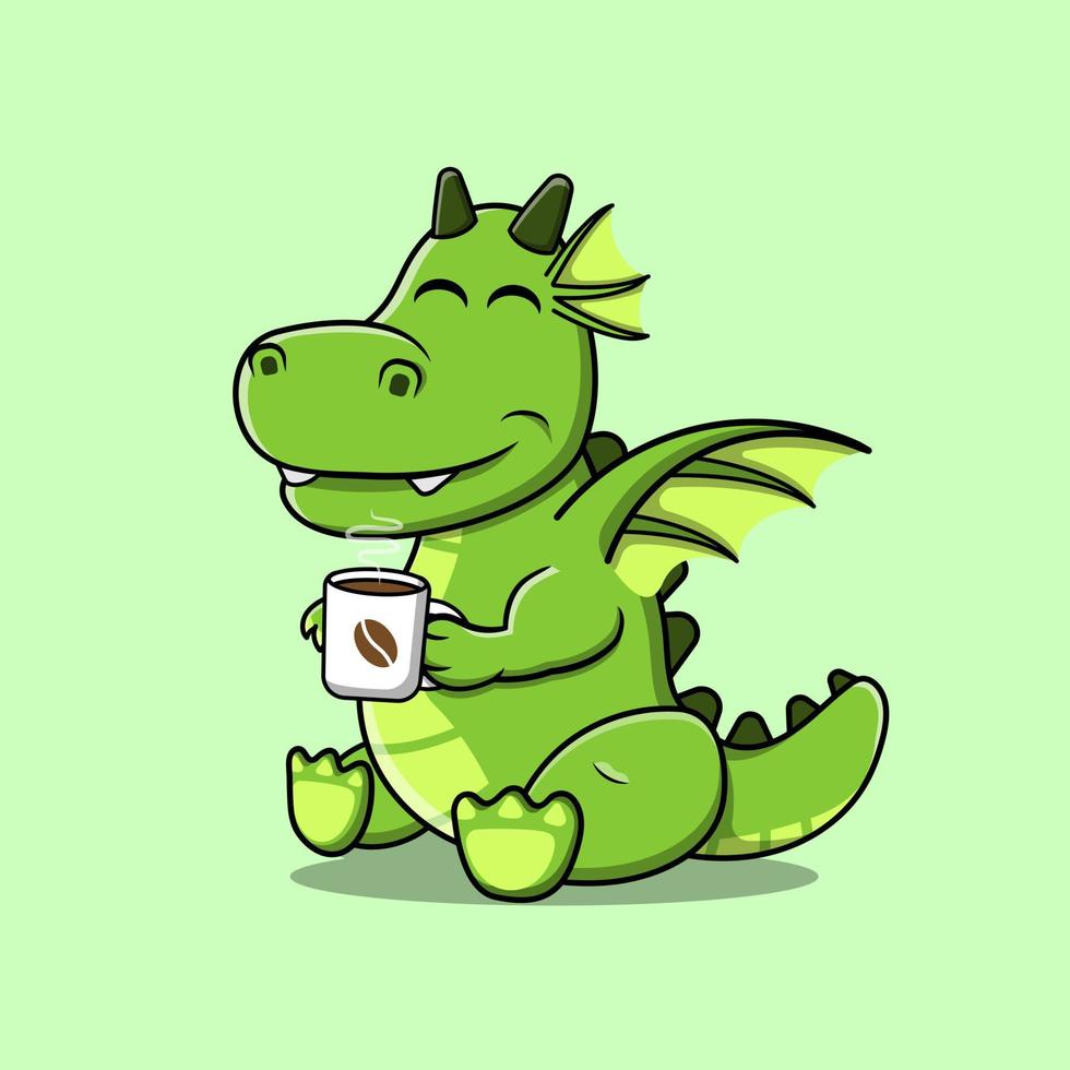 vector de ilustración de dragón pequeño con taza de café aislada en un fondo verde.