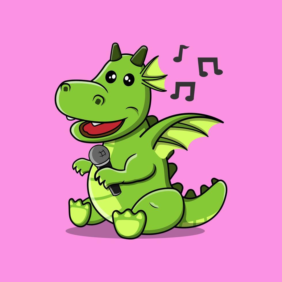 Dragon Cartoon Character Singing Holding Microphone With Musical Scale. vector