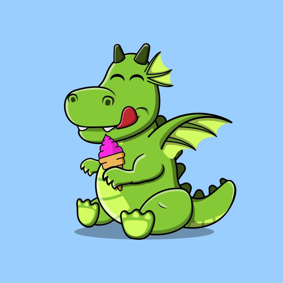 vector de dibujos animados de dragón comiendo helado.