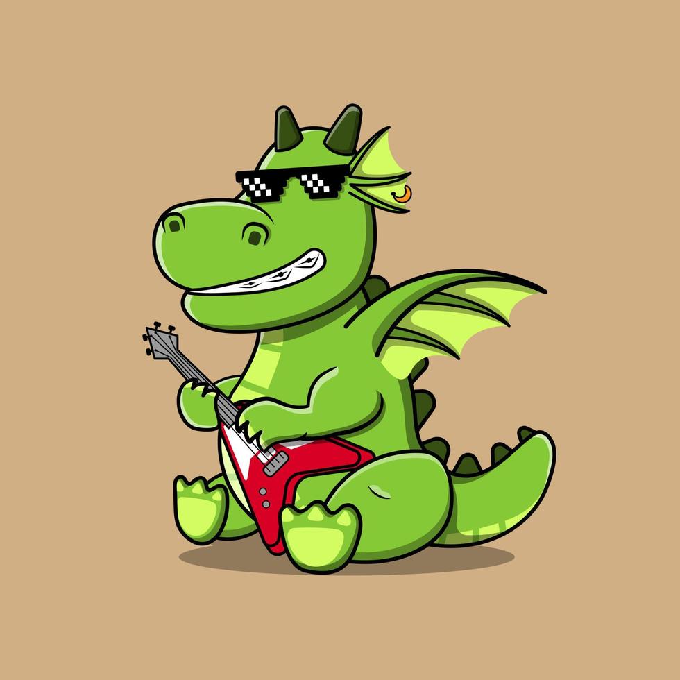 vector de ilustración de pequeño dragón tocando la guitarra con gafas de sol.