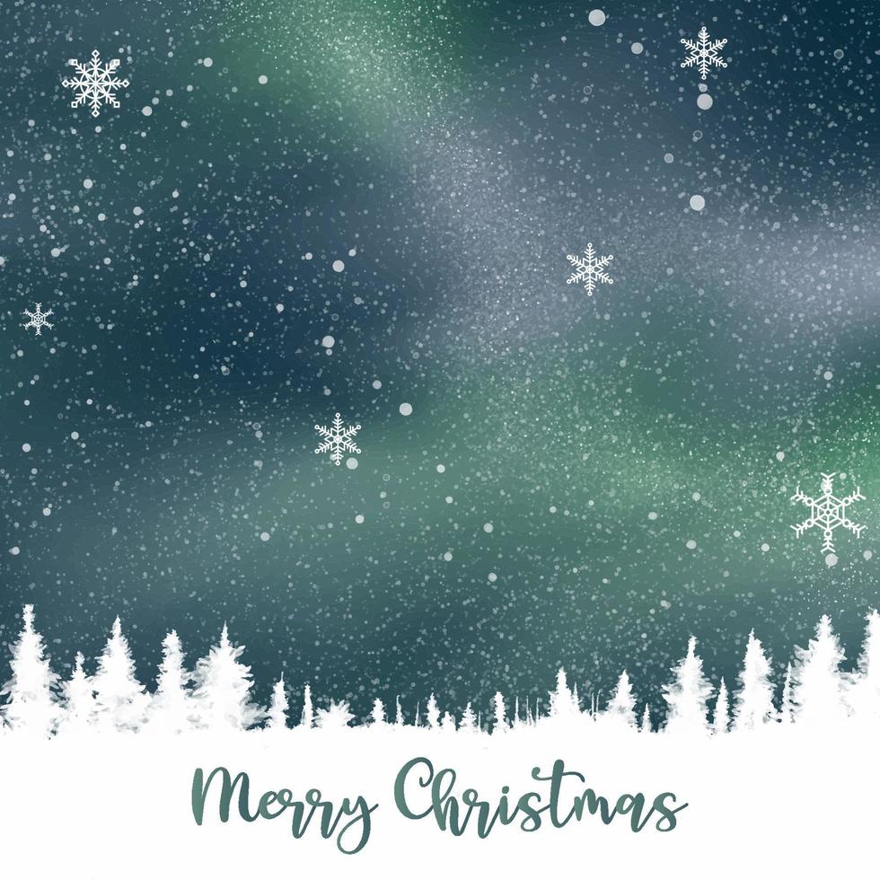 Background for a Merry Christmas greeting card with a pine tree copy space against a lovely night sky with snow. vector