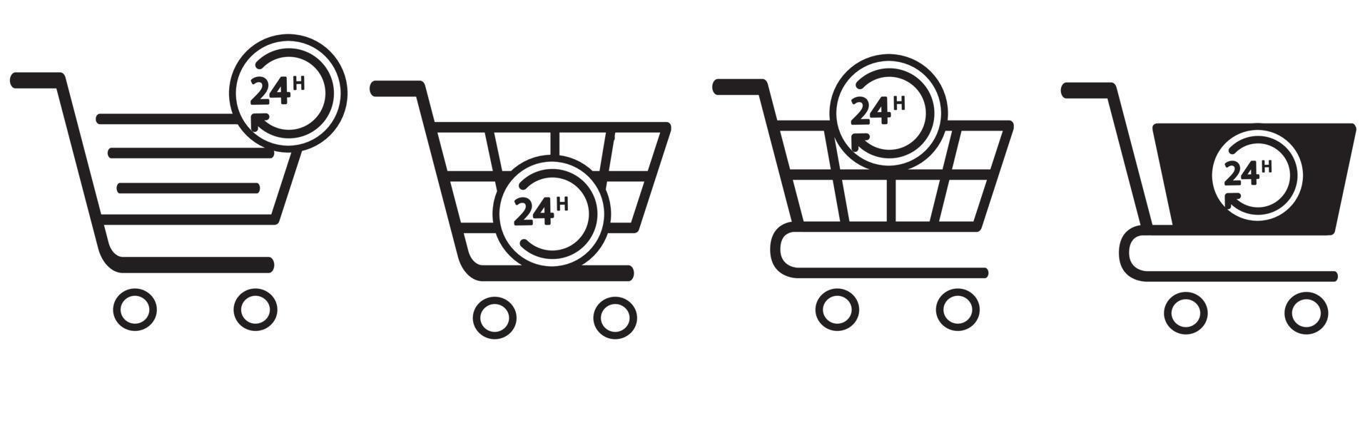 Set Clock 24 hours, Clock 24 hours, Add to Shopping cart and Shield with dollar icon. Vector