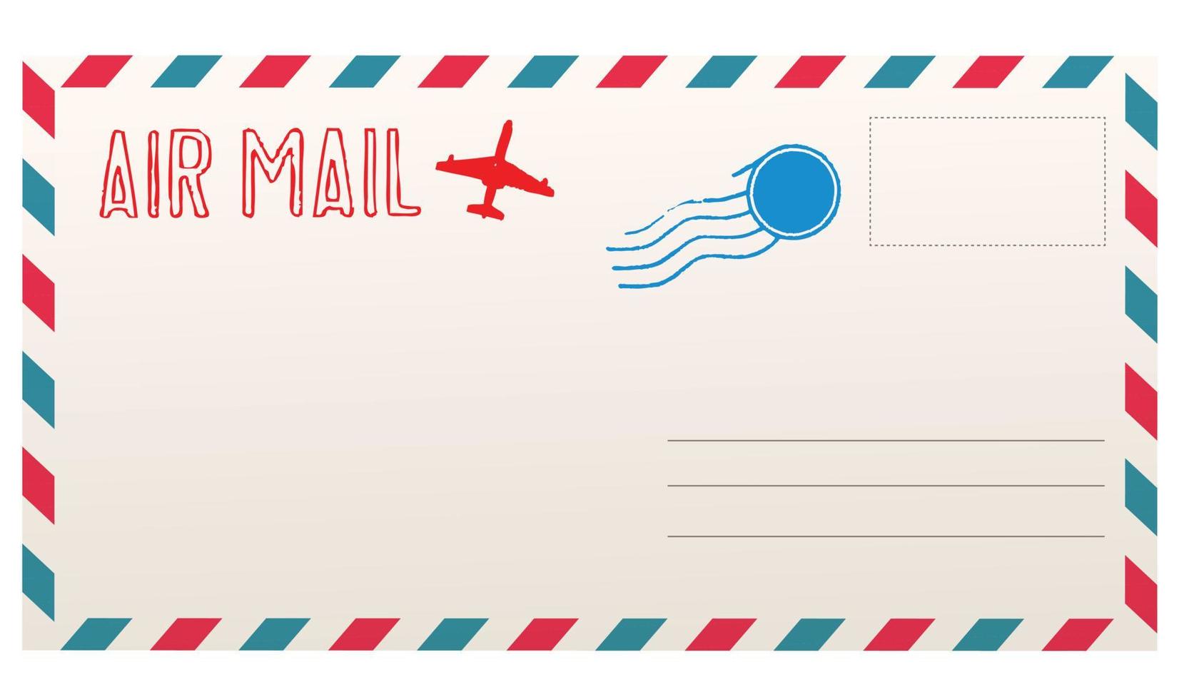 air mail letter vector. post stamp. airmail frame postcard. blue red stripes pattern. mockup template envelope. on white background. retro vintage blank message. world international label vector