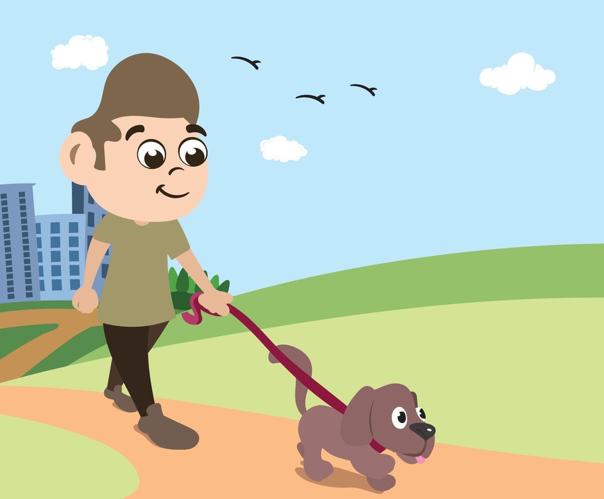 Dog owner walking his best friend in public park on beautiful summer vector