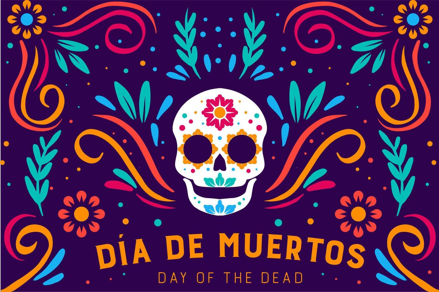 dibujado a mano dia de muertos. Ilustración de diseño plano del día de los muertos con calavera y adornos florales vector