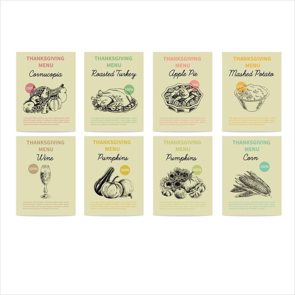 Template design. Vector hand -drawn thanksgiving cards set. Vintage style sketch illustration.