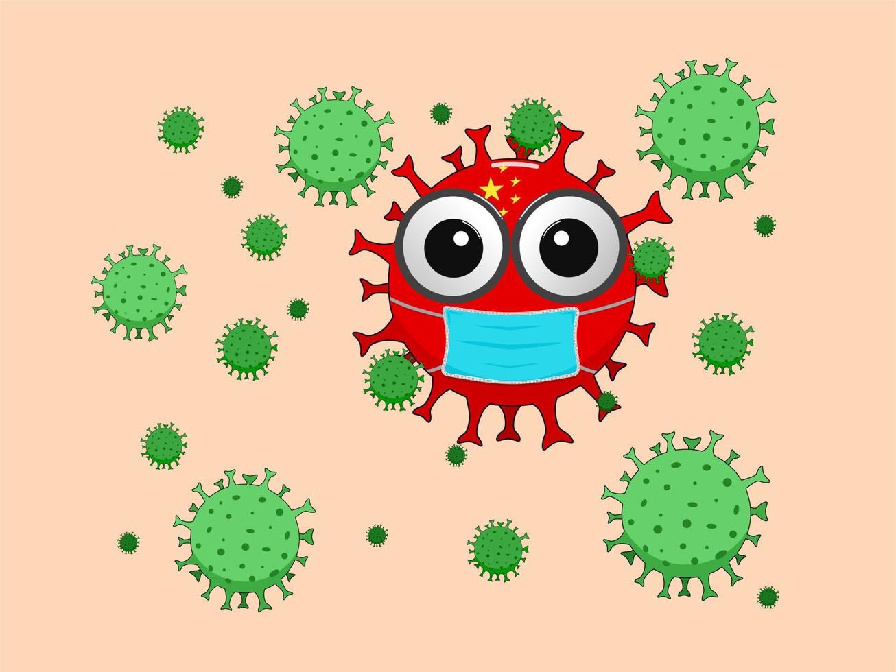 Corona virus illustration, a bacterial character on the background of the Chinese flag wearing a mask, being surrounded by corona virus bacteria vector