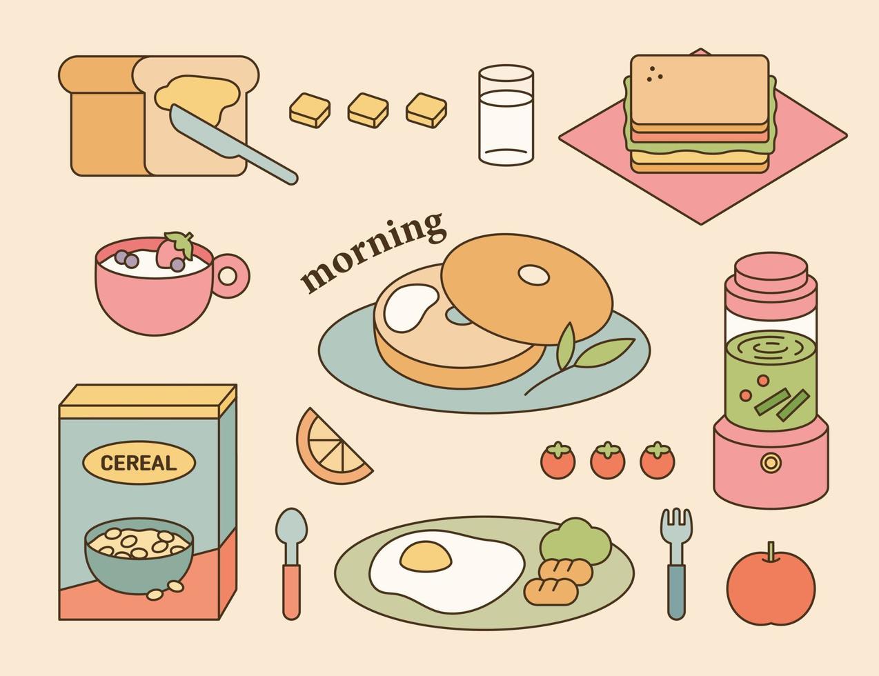 conjunto de menú de desayuno fresco. Ilustración de vector de estilo de diseño plano.