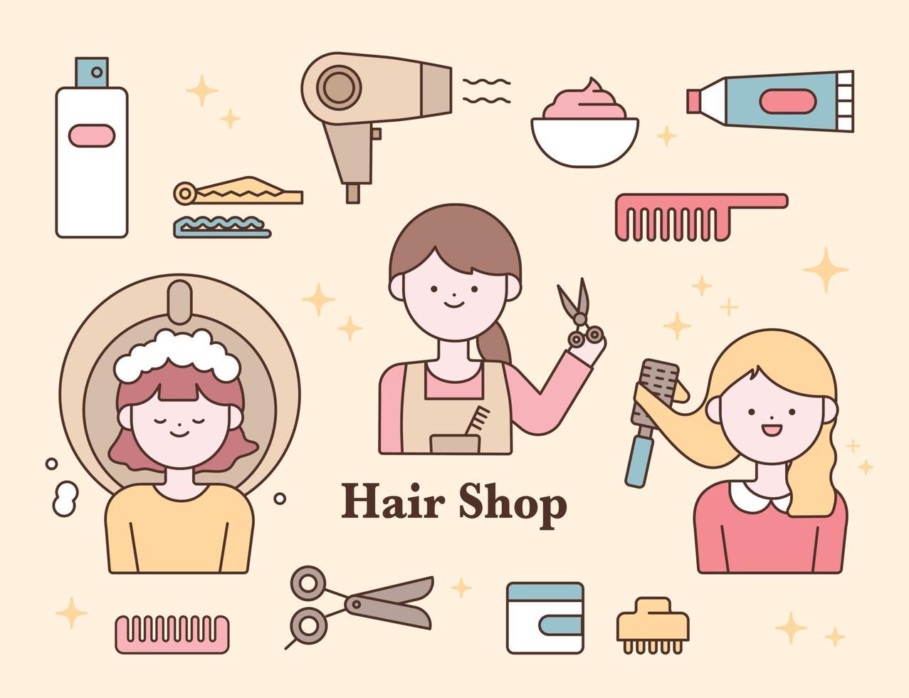 Set of cute hair salon characters and hairdressing tools icons. flat design style vector illustration.