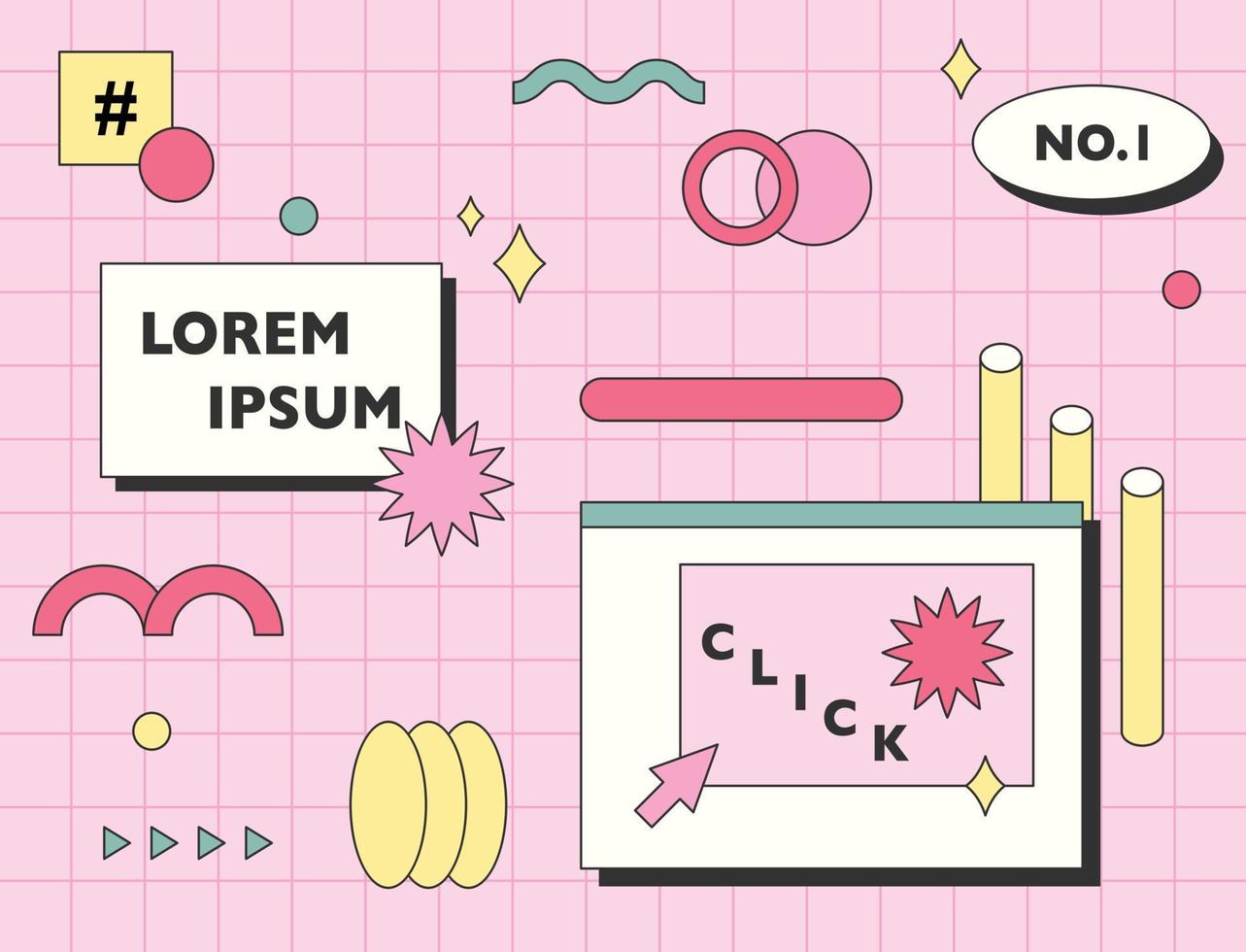 Web icons and shape icons are composed on a pink background with a grid. Simple pattern design template. vector