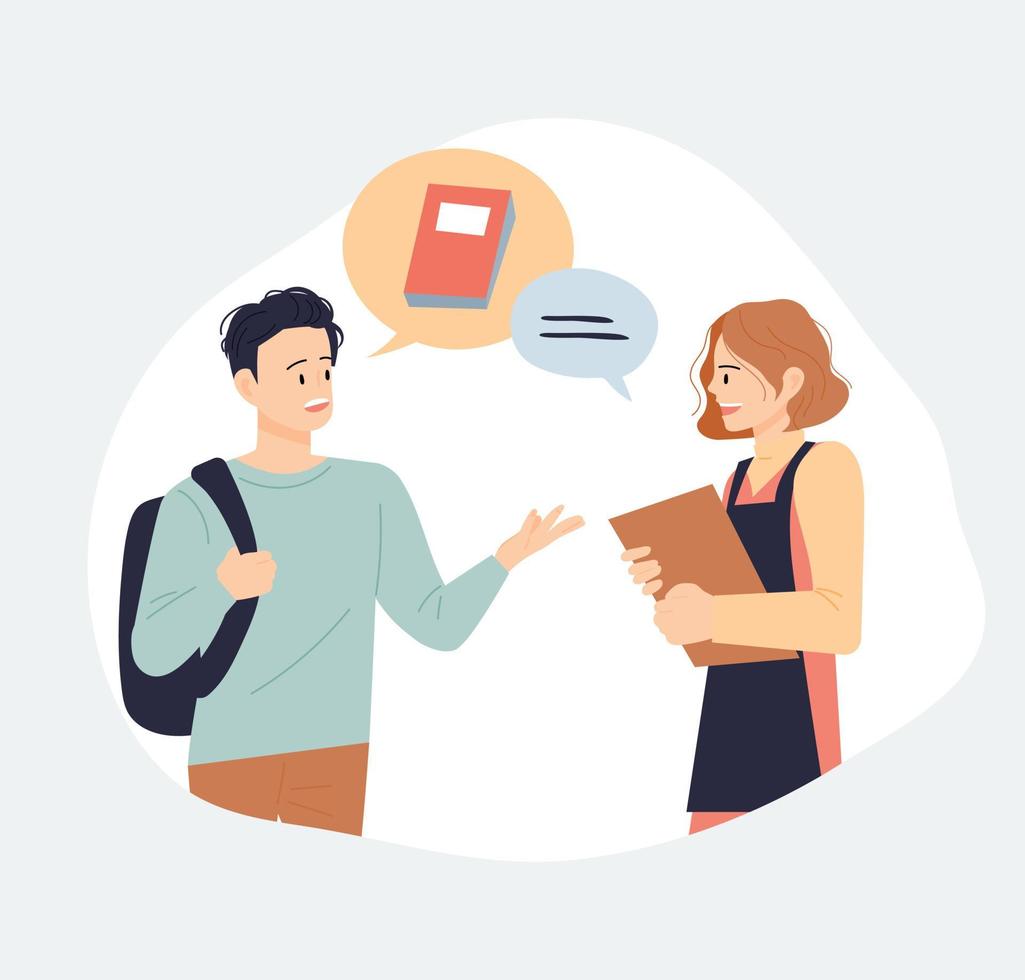 Book store and people. A customer asks a bookstore employee to find a book. flat design style vector illustration.