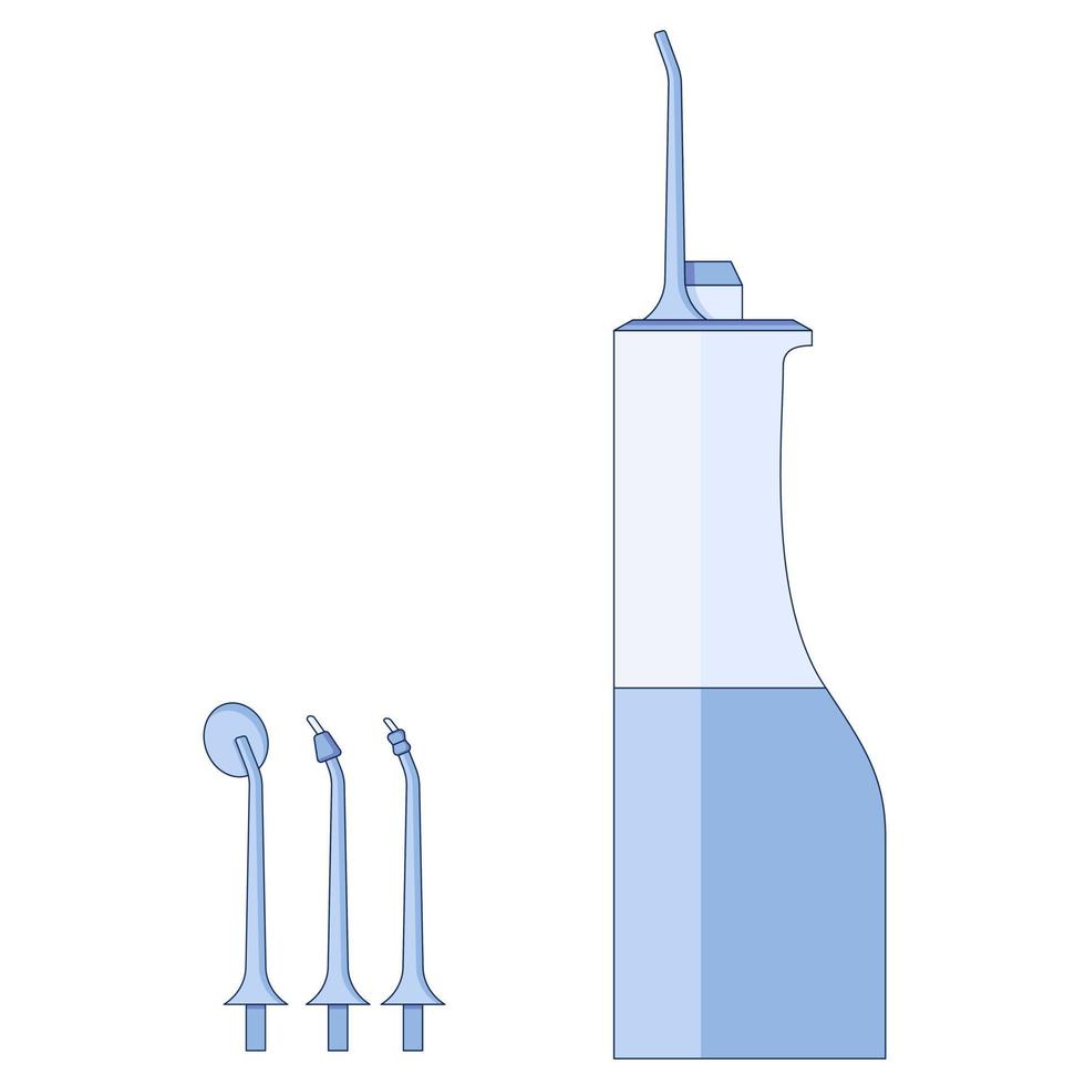 Irrigador de agua oral con boquillas, icono de higiene bucal y cuidado dental en un estilo plano aislado en un fondo blanco. vector