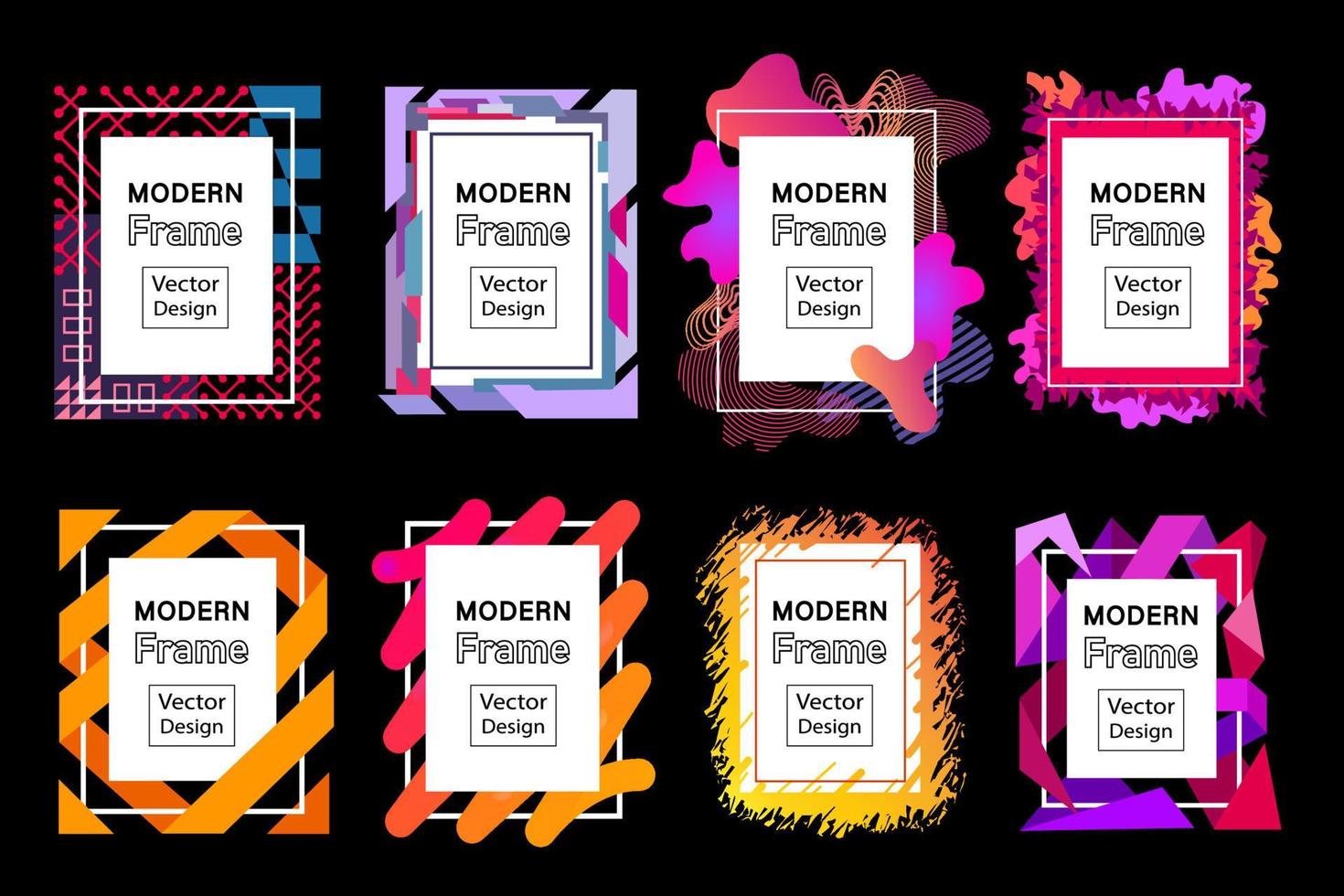 Modern vector frames set. Collection of vibrant rectangle art frames with fluid splash and geometric design elements. Abstract modern art borders, copy space for your text.