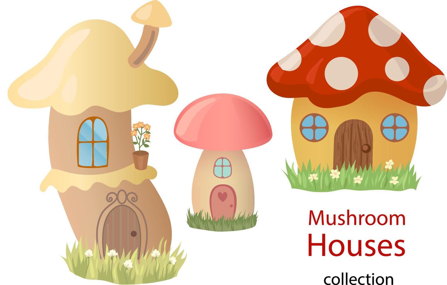 Cartoon mushroom houses. Collection of cute mushroom houses illustrations with doors and windows, standing on grass with flowers. Cartoon vector drawings isolated on white background.