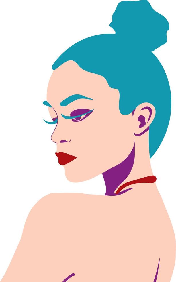 moda retrato perfil mujer hombro desnudo. moño de pelo azul. vector ilustración plana aislada sobre fondo oscuro