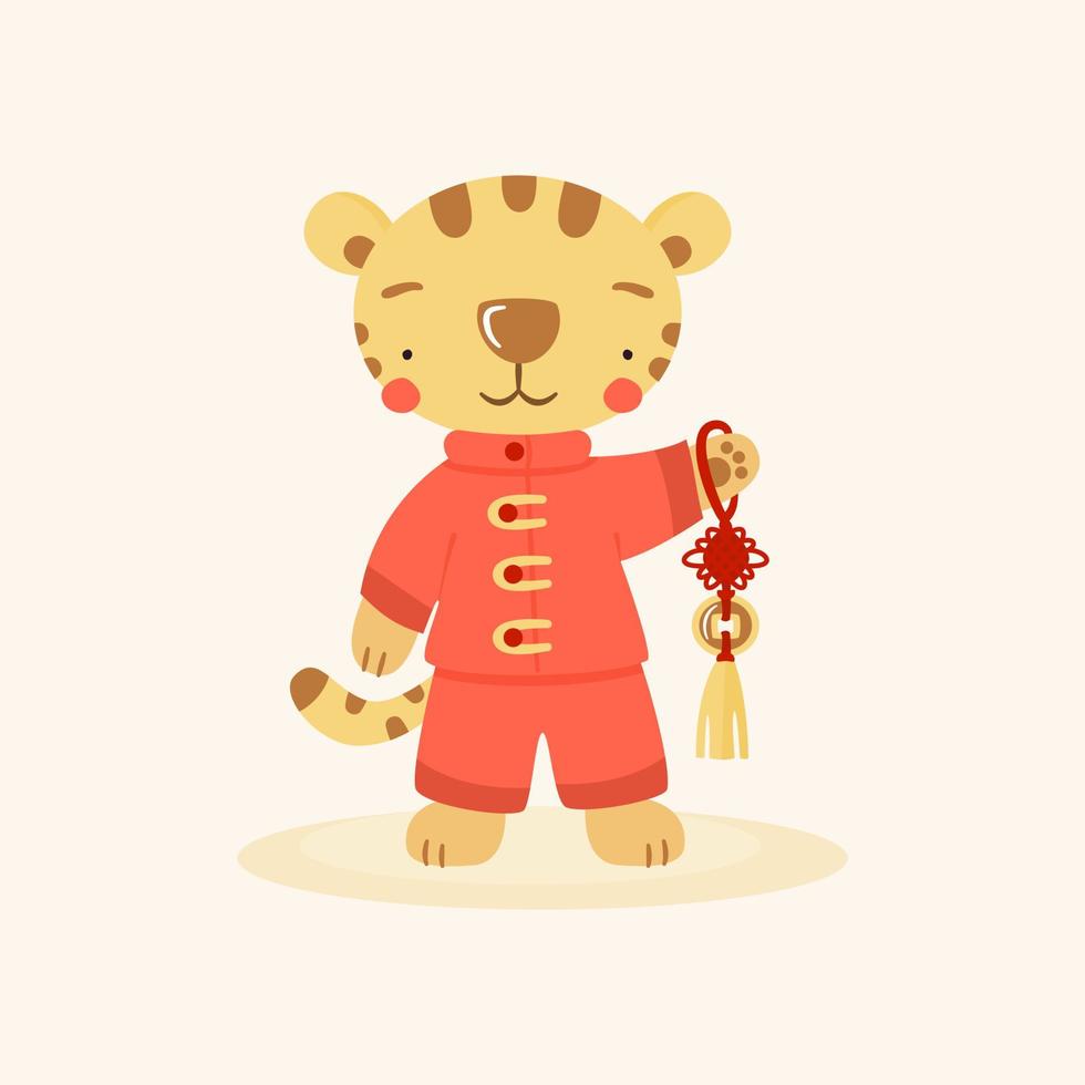 Cute cartoon chinese tiger in red costume with Feng Shui lucky coin.  Funny animal character, symbol of 2022 according to the Chinese or lunar calendar. vector