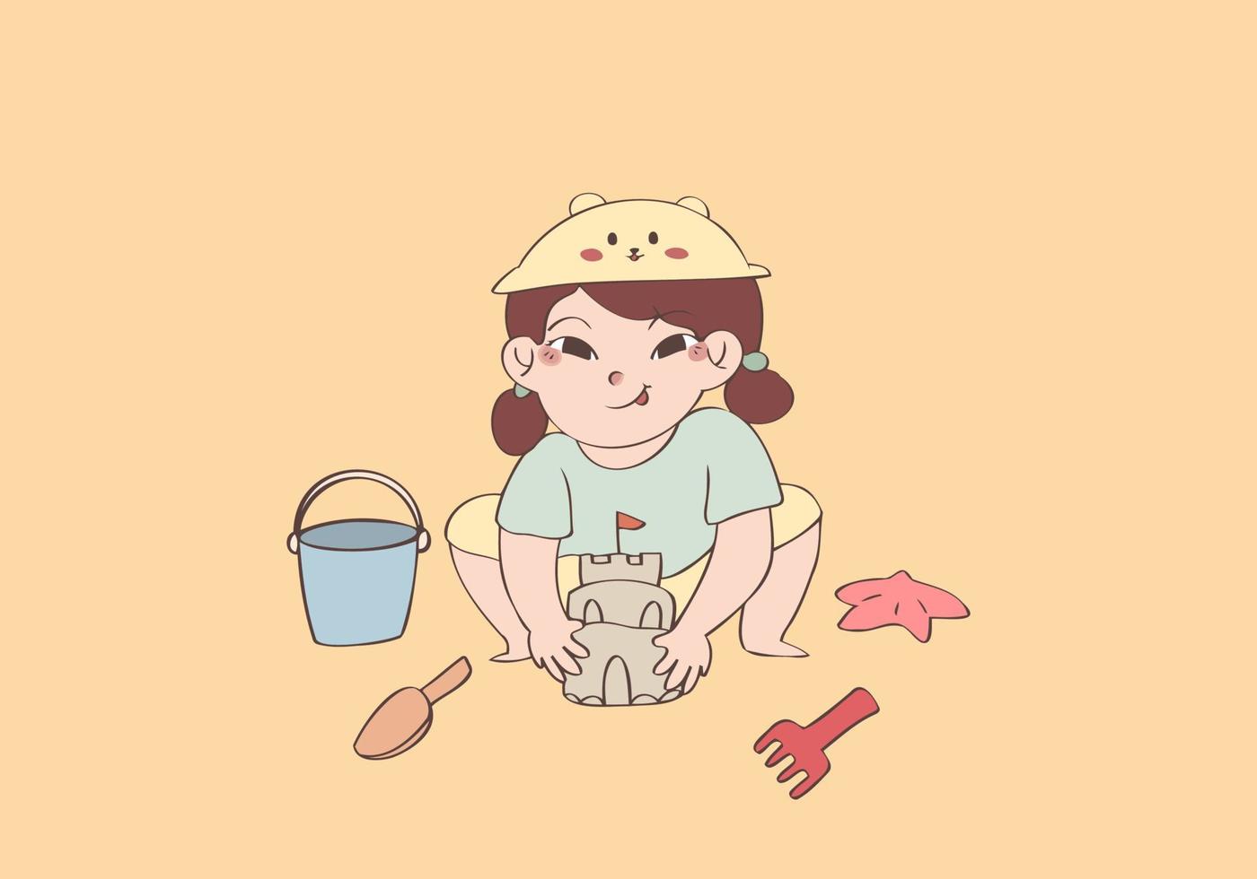 Cute little girl building sandcastle, hand drawn style illustration vector