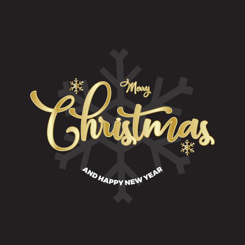 Merry Christmas and Happy New Year lettering template. Greeting card invitation with golden snowflakes. Winter holidays related typographic quote. Vector vintage illustration.