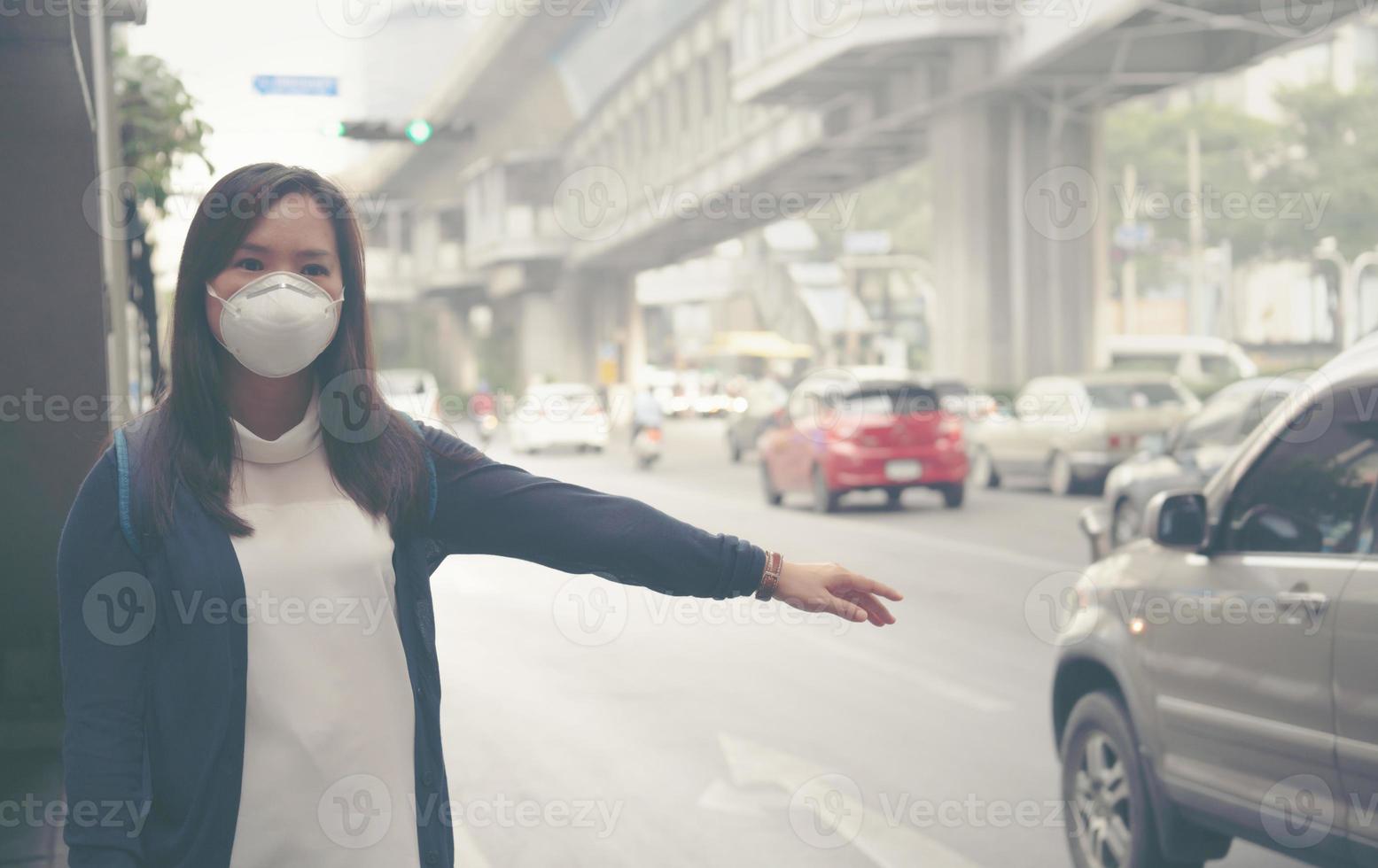 woman wearing protective mask in the city street photo