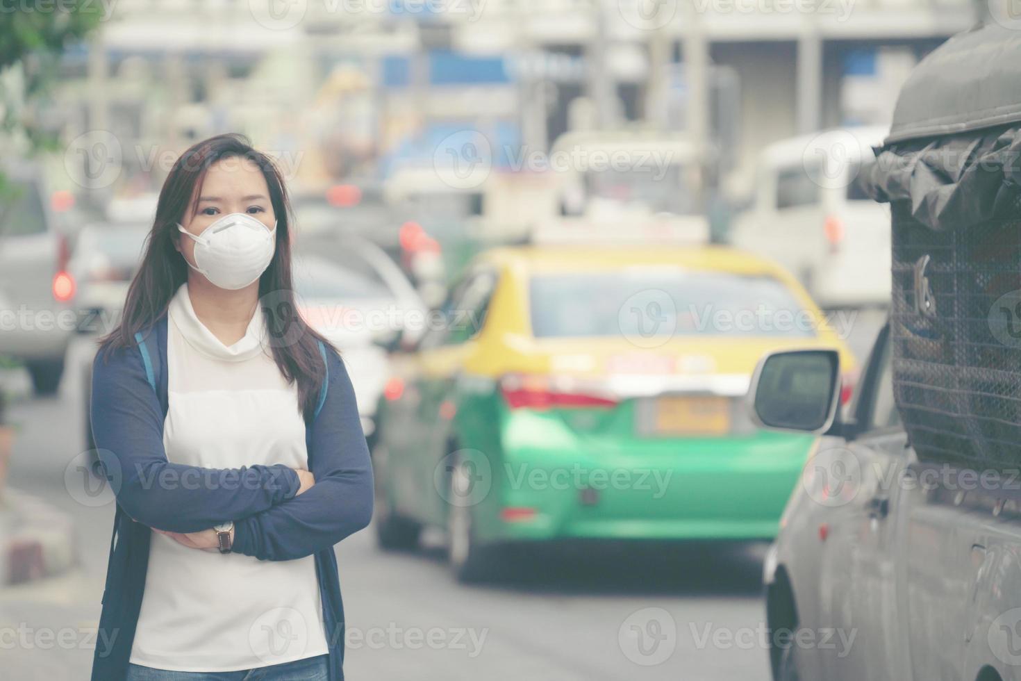 woman wearing protective mask in the city street photo