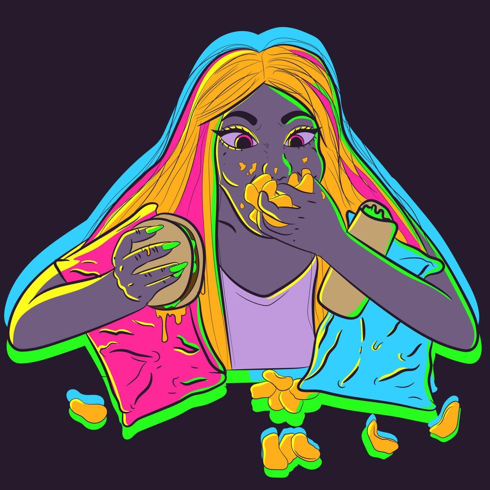 Neon illustration of a hungry woman overeating fastfood products like burgers, chips and burrito. Blonde girl with a gib appetite gorging and knapping junk food into her mouth. vector