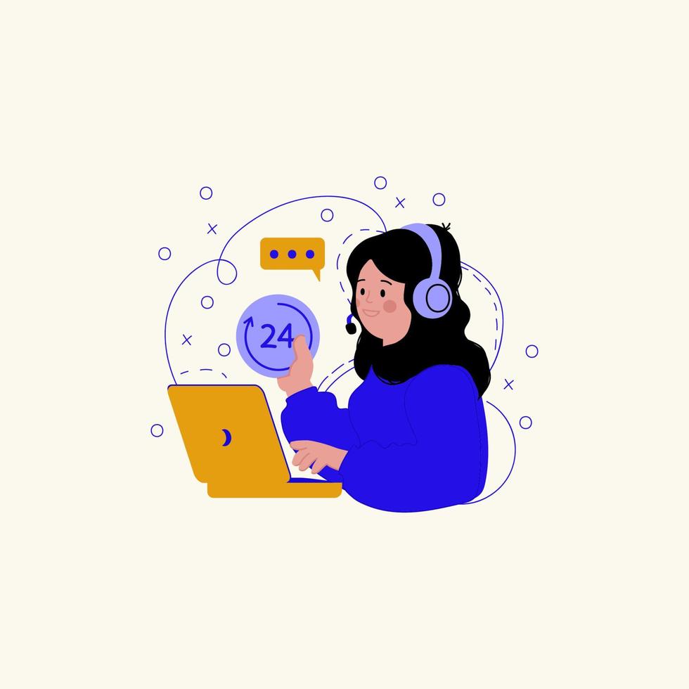 Illustration of the customer support service. Illustration of a woman with headphones and a microphone with a laptop. Concepts of support, assistance, and a call center. Vector illustration