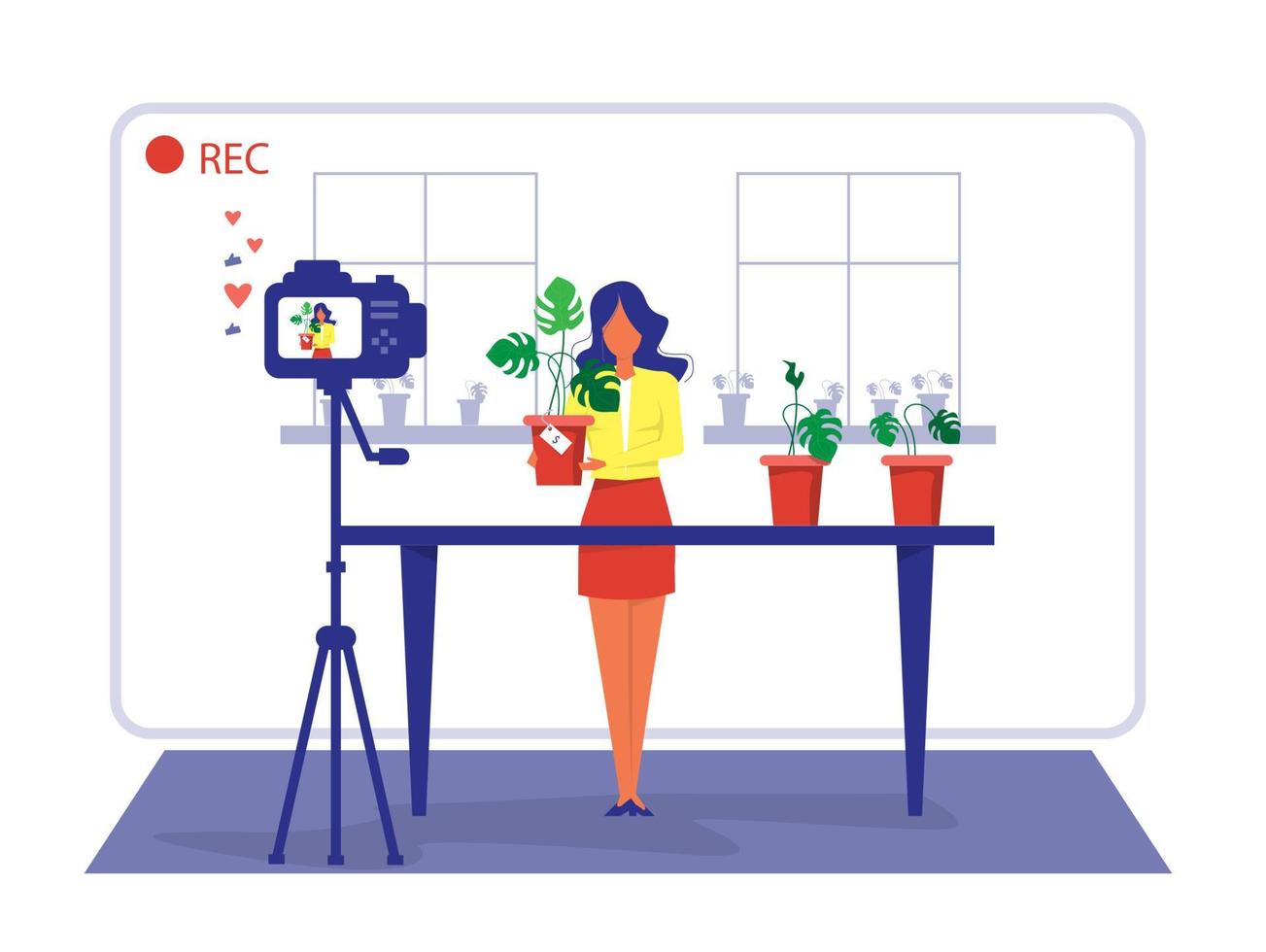 Woman Review or Selling home plant Through Live Streaming. shop online and  E-Commerce Concept.Vector vector