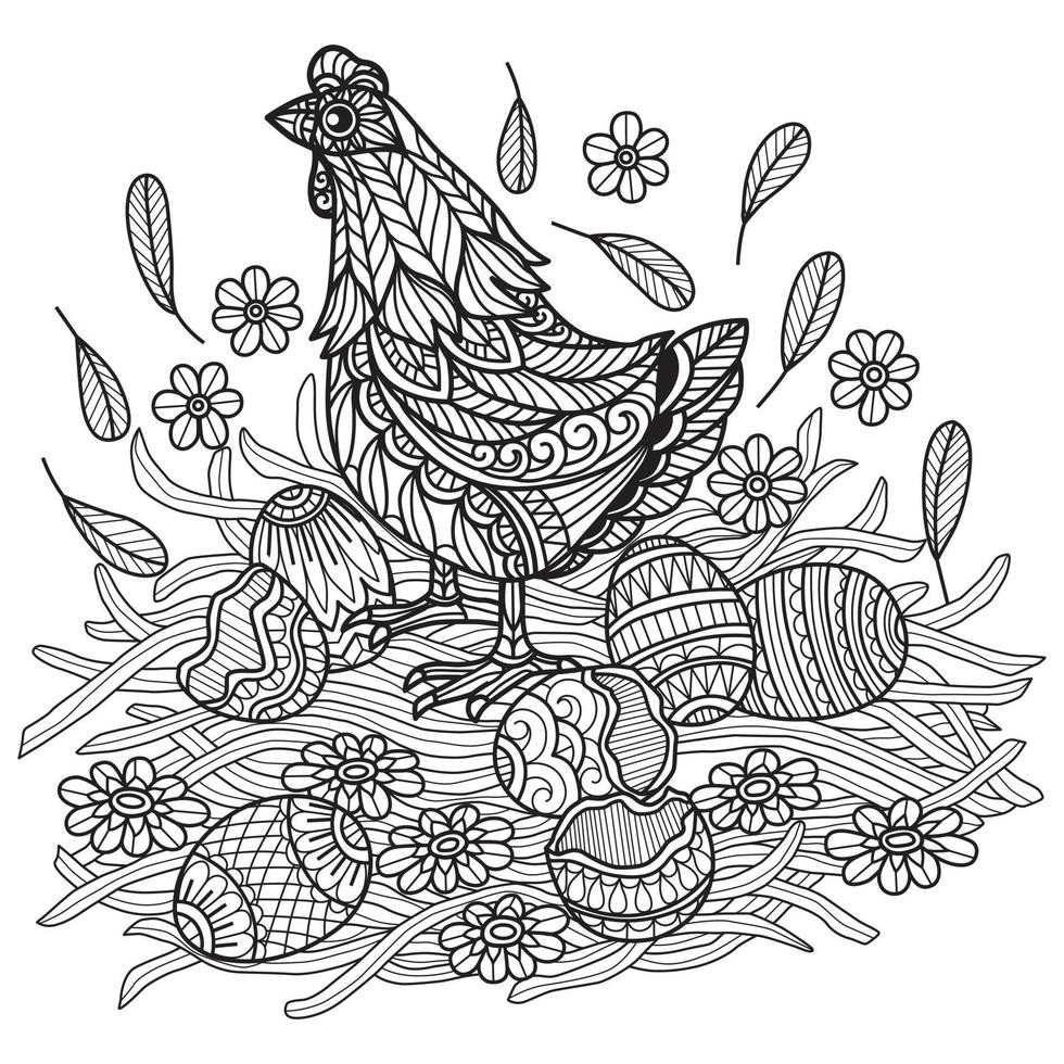 pollo y huevos dibujados a mano para libro de colorear para adultos vector