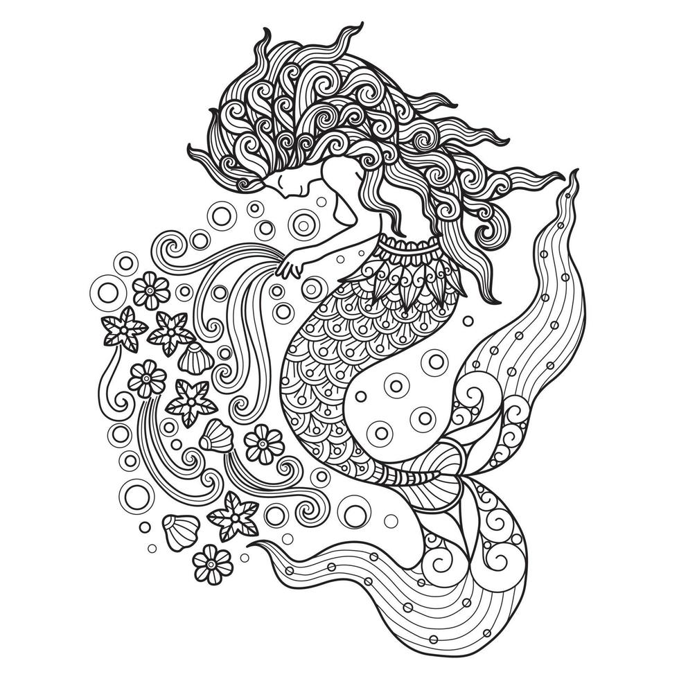 Mermaid under the sea hand drawn for adult coloring book vector