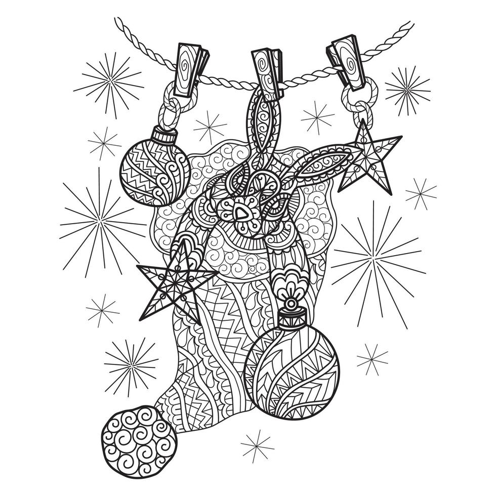 Rabbit and Christmas hat hand drawn for adult coloring book vector