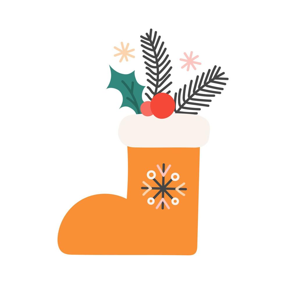 Christmas felt boots with branches of Christmas tree and holly, vector illustration in flat style, decor for postcards and posters