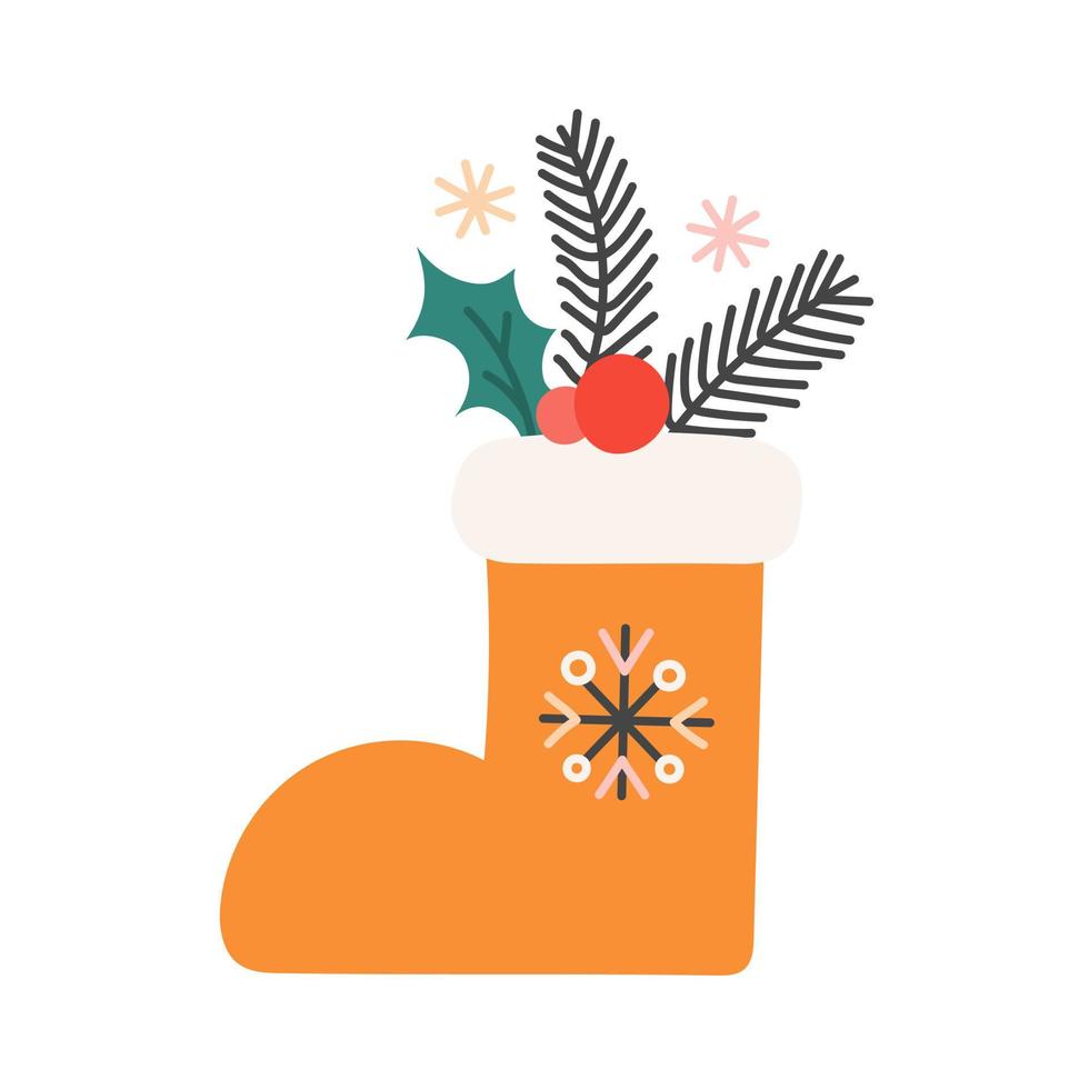 Botas de fieltro navideño con ramas de árbol de navidad y acebo, ilustración vectorial en estilo plano, decoración para postales y carteles vector