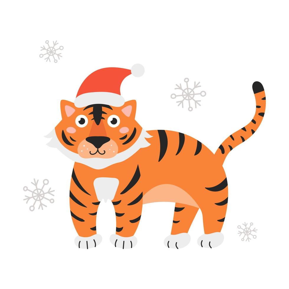 El símbolo del año es el tigre con sombrero de santa sobre fondo blanco con copos de nieve. ilustración vectorial en estilo de dibujos animados plana vector