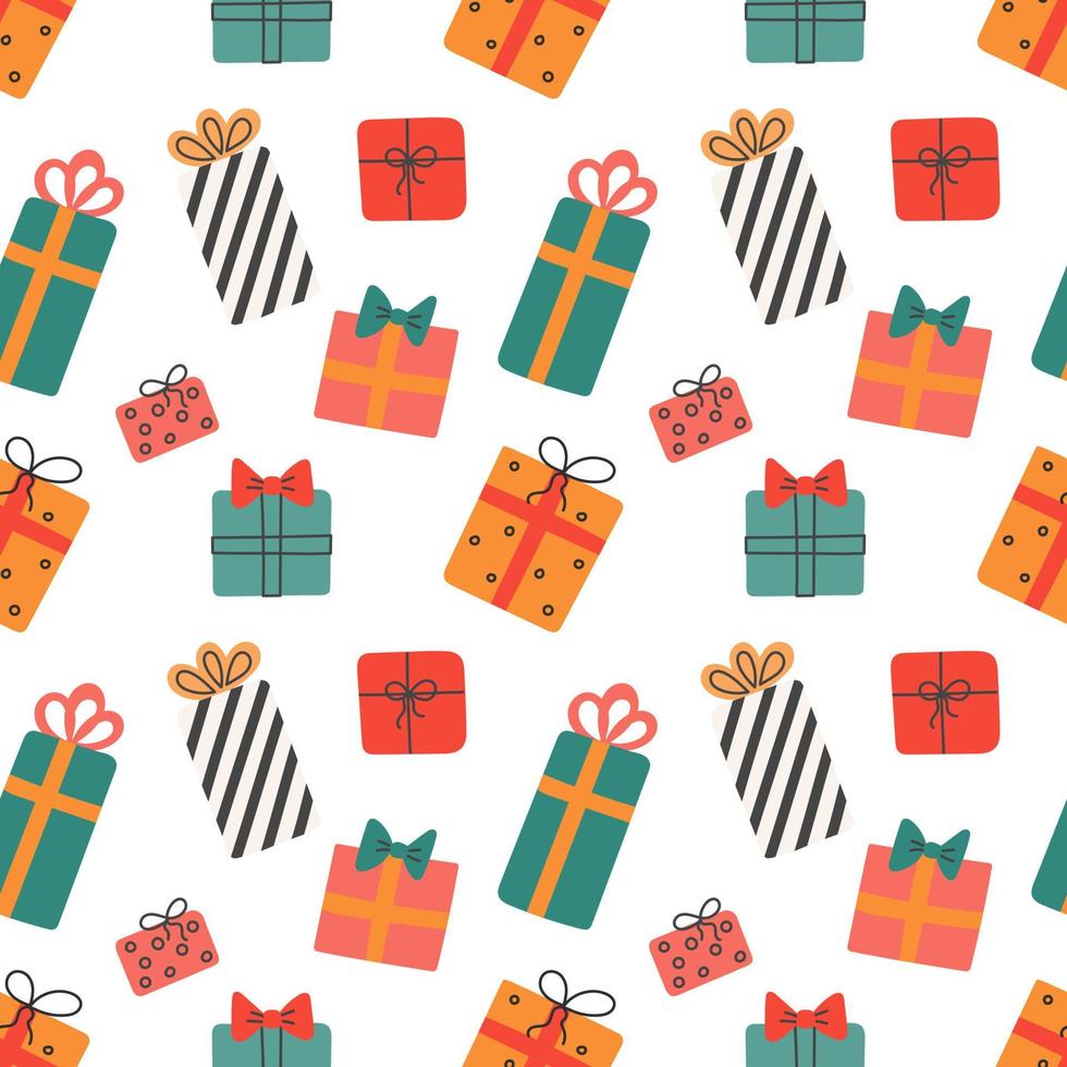 regalos de Navidad en cajas de colores sobre fondo blanco. vector de patrones sin fisuras, papel tapiz