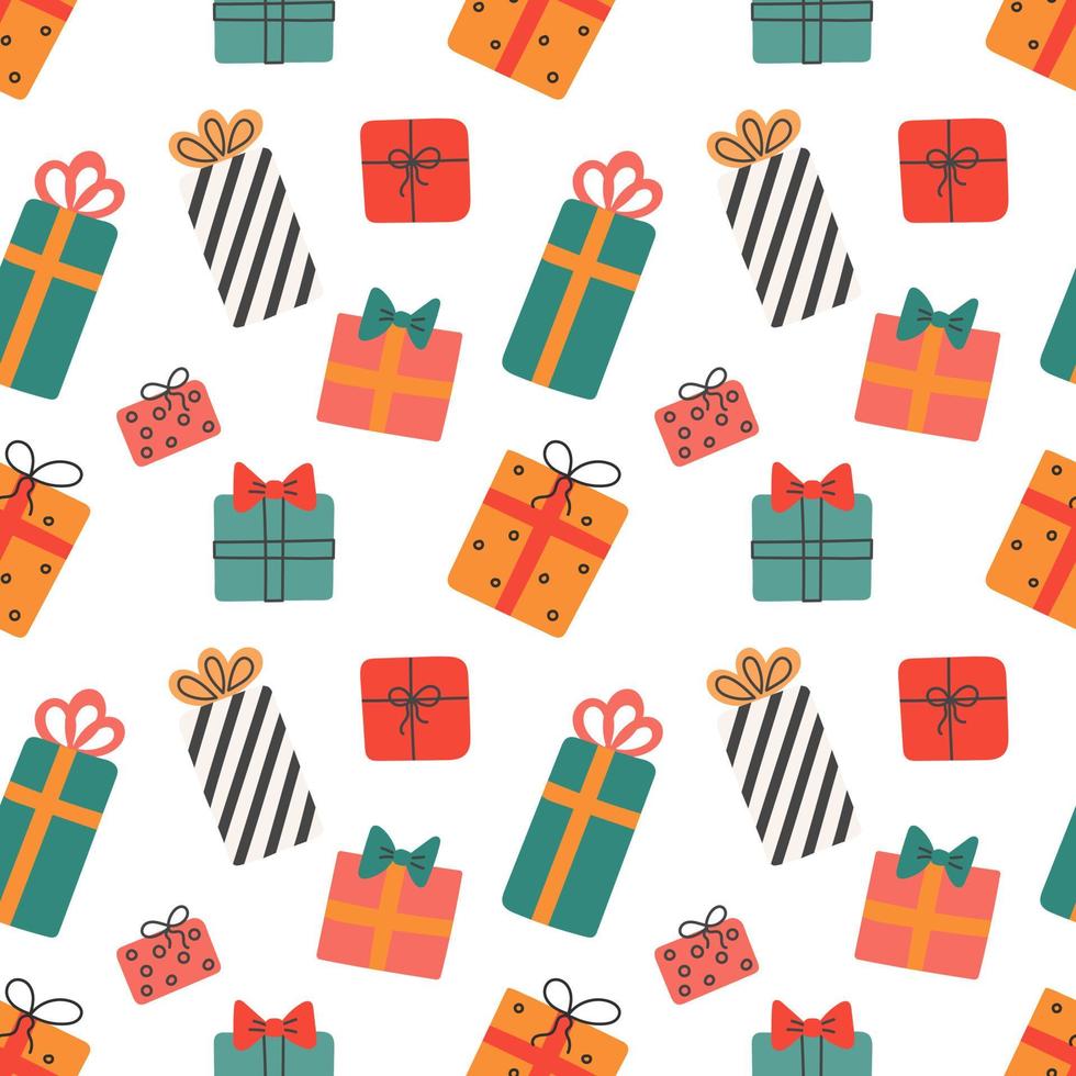 Christmas gifts in colorful boxes on white background. Vector seamless