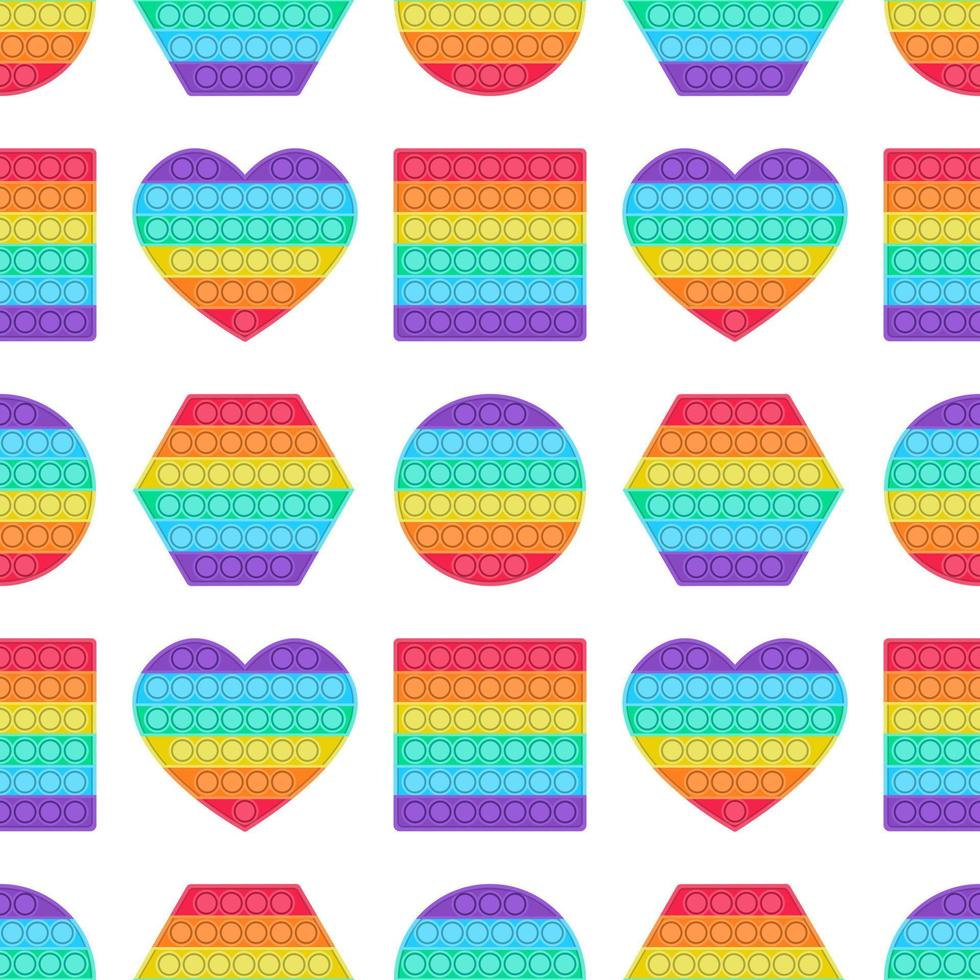 Set of bright fashionable pop spinners. Anti-stress toys of various shapes for children. Vector seamless pattern on white background
