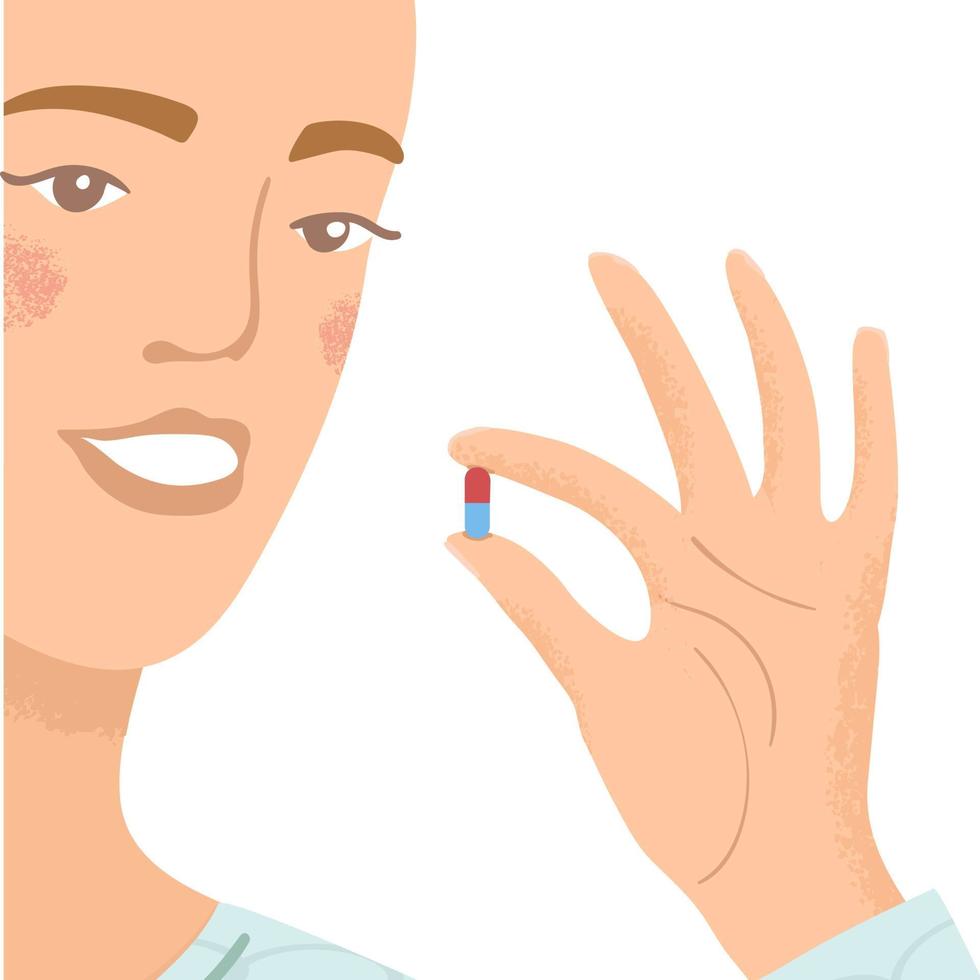 Vector colorful illustration of young woman drinks a pill isolated on white background. She holds a pill in her hand before taking in. Medical drugs and vitamin concept.