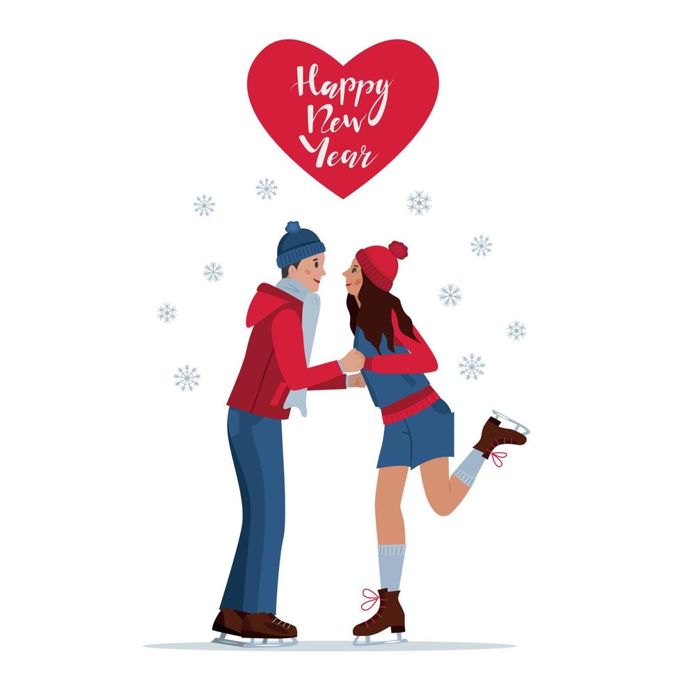 una tarjeta de felicitación con una pareja de amantes patinando. felicitaciones por el nuevo año. vector. vector